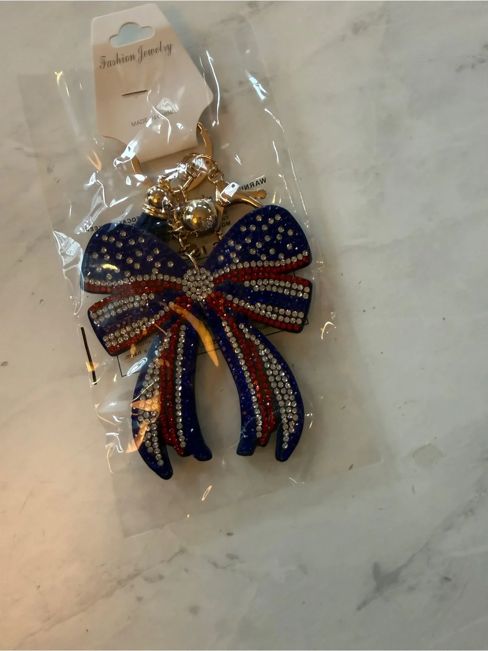 ✨ NWT USA Patriotic Rhinestone Crystal Coquette Bow Puffy Keychain & Bag Charm ✨